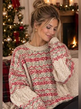 Zara- Chunky Knit Fair Isle Sweater in Cream with Red & Green Accents